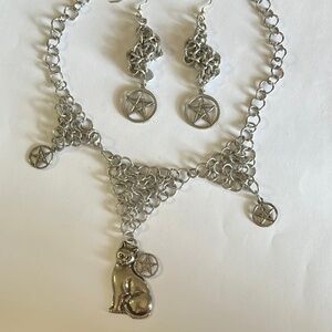 Silver Pentacle Chainmail Necklace and Earring Set